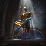  1boy armband armor bald barefoot colored_skin commentary couch crossed_legs dunmer english_commentary floating gauntlets gold_armor gold_skin grey_skin highres indoors levitation light_rays logo muatra_(spear) official_art pointy_ears polearm red_armband red_eyes red_loincloth shoulder_armor single_gauntlet spear the_elder_scrolls the_elder_scrolls:_legends the_elder_scrolls_iii:_morrowind tjfoo vivec_(elder_scrolls) weapon yellow_eyes 