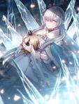  anastasia_(fate/grand_order) bangs blue_eyes blue_robe cape crown doll dress fate/grand_order fate_(series) hair_over_one_eye hairband highres holding holding_doll ice jewelry long_hair looking_at_viewer mini_crown moe_(hamhamham) royal_robe silver_hair solo very_long_hair 