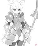  animal_ears armor blush_stickers boobplate breastplate closed_mouth cowboy_shot eyebrows_visible_through_hair faulds gauntlets greyscale highres kemono_friends leotard looking_at_viewer monochrome pauldrons polearm rhinoceros_ears signature simple_background smile solo standing thighhighs weapon white_background white_rhinoceros_(kemono_friends) yang-do 