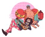  2boys black_hair black_jacket blue_hair brook_(one_piece) buzz_cut circle commentary commission feather_boa floral_print franky_(one_piece) full_body guitar highres holding holding_guitar holding_instrument instrument jacket leg_hair male_focus multiple_boys one_piece short_hair skeleton stitched_torso stitches sunglasses themetalhiro very_short_hair 