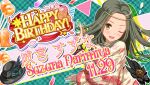  1girl ;d aqua_nails bad_id balloon bilingual_text black_hat blue_feathers blush character_name circlet confetti dress english_text feathers floral_print flower forehead game_cg green_eyes green_flower green_hair green_rose hand_up happy_birthday hat hat_feather hat_flower heart_balloon idol_wars looking_at_viewer mixed-language_text narimiya_suzuna official_art one_eye_closed open_mouth orange_flower orange_rose plaid_background red_ribbon ribbon rose rose_print second-party_source smile solo star_(symbol) string_of_flags teeth upper_body upper_teeth_only white_dress wide_sleeves 