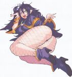  1girl a_priest's_journey_in_a_rpg_world ass bracelet breasts clothes_lift commentary commission demon_girl dress dress_lift english_commentary eyeshadow fishnet_pantyhose fishnets full_body furrowed_brow gem gold_bracelet green_eyes green_gem hair_ornament high_heels highres inkerton-kun jewelry kugasari-san large_breasts lifting_own_clothes long_hair long_sleeves looking_at_viewer loose_hair_strand lying makeup messy_hair multiple_bracelets on_side one_side_up open_mouth pantyhose pointy_ears purple_dress purple_shoes second-party_source shoes short_dress skull_brooch skull_hair_ornament smile solo tassel teeth upper_teeth_only very_long_hair wide_sleeves 