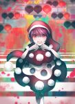  1girl abstract_background absurdres black_dress blue_pupils commentary_request doremy_sweet dress floating_clothes green-framed_eyewear green_background hat heart heart-shaped_pupils highres layered_dress looking_at_viewer nightcap oversized_hat partially_shaded_face pom_pom_(clothes) puffy_short_sleeves puffy_sleeves purple_hair red_background red_dress red_eyes red_hat short_hair short_sleeves socks solo splatter staring striped_background swept_bangs symbol-shaped_pupils toraneko_2 touhou traffic_light white_background white_dress white_socks x_fingers x_fingers_over_mouth yellow_background 