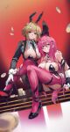  2girls absurdres ade_(agent_bunny)_(nikke) ade_(nikke) animal_ear_hairband animal_ears bare_shoulders between_breasts black_choker black_hairband black_necktie black_pantyhose black_ribbon black_shoes black_vest black_wrist_cuffs blonde_hair blush breasts choker closed_mouth collarbone commentary ear_piercing earrings eyewear_hang fake_animal_ears fr-ee-dom gloves goddess_of_victory:_nikke green_eyes grin hair_between_eyes hair_intakes hair_ornament hairband hairclip hand_on_another's_ass hand_on_another's_leg hand_on_another's_shoulder heart heart_earrings high_heels highres huge_breasts jewelry long_hair looking_at_viewer mole mole_on_breast mole_under_eye multiple_girls necktie necktie_between_breasts pantyhose piercing pink_choker pink_hair pink_pantyhose pink_ribbon pink_rope playboy_bunny poker_chip rabbit_ear_hairband rabbit_ears ribbon rope shibari shibari_over_clothes shoes sitting smile spiked_choker spikes thigh_strap thighs unworn_eyewear velvet_(nikke) velvet_(sensual_rabbit)_(nikke) vest white_gloves white_wrist_cuffs wrist_cuffs 