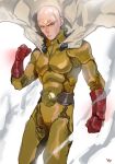  bald bodysuit brown_eyes cape clenched_hands closed_mouth commentary_request cowboy_shot gloves looking_at_viewer male_focus one-punch_man red_gloves saitama_(one-punch_man) sanpaku signature smoke solo white_cape yang-do yellow_bodysuit 