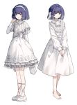  1girl barefoot blue_eyes blue_hair commentary dress frilled_dress frills full_body gakuen_idolmaster hairband hataya_misuzu idolmaster long_sleeves looking_at_viewer migolu multiple_views purple_hair short_hair simple_background smile superlative_(idolmaster) twitter_username v_arms white_background white_dress white_hairband 
