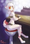  2017 amber_eyes anthro bar beverage claws clothed clothing crossed_legs facial_markings female flat_chested fur hair hi_res kae_esrial looking_back mammal markings midriff navel open_mouth punk-pegasus red_markings red_nose sitting skimpy solo tan_fur tarunah white_fur white_hair 