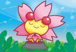  bean-8540 blue_sky cherrim cherrim_(sunshine) closed_eyes commentary day english_commentary grass no_humans outdoors pokemon pokemon_(creature) rock sitting sky solo 