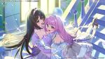  2girls aqua_hair assault_lily bare_shoulders blue_eyes blurry blurry_background blush breasts brown_hair building catching cleavage collar collarbone colored_inner_hair commentary_request copyright_notice cowboy_shot cross-laced_clothes cross-laced_dress day detached_sleeves dress elbow_gloves falling_petals floral_print frilled_gloves frills gloves green_eyes grey_dress hair_between_eyes hairband hand_on_another's_arm hands_up highres ishizuka_fujino juliet_sleeves large_breasts light_particles long_sleeves looking_ahead looking_at_another lower_teeth_only multicolored_hair multiple_girls nefula14 official_alternate_costume official_alternate_hairstyle official_art open_mouth outdoors petals pink_hair print_dress puffy_detached_sleeves puffy_sleeves purple_dress purple_hairband railing sadamori_himeka short_sleeves sparkle stairs standing strapless strapless_dress sweatdrop teeth tiara tripping two-tone_dress two-tone_hair white_collar white_dress white_gloves 