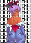  1girl alternate_skin_color animal_print ass back backless_leotard bare_shoulders bat_print bat_wings blue_pantyhose body_freckles bridal_gauntlets champchidi character_name commentary dark-skinned_female dark_skin darkened_skin darkstalkers demon_girl english_commentary freckles from_behind hair_between_eyes head_wings highres huge_ass leotard lilith_(darkstalkers) lips looking_back median_furrow o3o pantyhose print_pantyhose puckered_lips purple_hair pursed_lips red_eyes red_leotard red_wings short_hair shoulder_blades solo standing thick_thighs thighs thong_leotard wings 