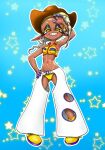  1girl aqua_background arm_up armpits blonde_hair blush boots brown_hair commentary_request cowboy_hat crop_top crotchless crotchless_pants dark-skinned_female dark_skin eyelashes fangs forehead frye_(splatoon) hand_on_own_hip hat highres inkling koharu2.5 legs_apart long_hair midriff navel orange_pupils outline panties pants pointy_ears shiny_skin shirt sleeveless sleeveless_shirt smile solo splatoon_(series) splatoon_3 star_(symbol) teeth tentacle_hair underwear white_outline white_pants yellow_boots yellow_eyes yellow_panties yellow_shirt 