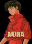  1boy absurdres akira_(manga) black_background brown_eyes brown_hair commentary_request copyright_name highres jacket kaneda_shoutarou_(akira) male_focus menma_(enaic31) parted_lips red_jacket short-sleeved_jacket short_hair short_sleeves simple_background solo upper_body 