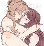  2girls arms_around_neck bare_shoulders black_hair blue_eyes blush braid braided_bun breasts brown_hair bun_with_braided_base closed_eyes columbina_(genshin_impact) completely_nude convenient_hair dashingicecream english_commentary english_text feet_out_of_frame genshin_impact hair_bun hair_flaps hair_ribbon happy_sex heart hug knees_up leg_lock long_hair long_sidelocks multicolored_hair multiple_girls nail_polish nude open_mouth purple_hair ribbon sandrone_(genshin_impact) sex short_hair short_hair_with_long_locks sidelocks smile speech_bubble spread_legs straddling streaked_hair suspended_congress sweat tongue tongue_out two-tone_hair upright_straddle yuri 