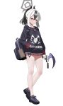  1girl absurdres backpack bag black_bag black_choker black_hair black_hoodie black_horns black_shoes blue_archive choker closed_mouth commentary_request demon_horns full_body gun h&amp;k_p30 hair_between_eyes halo hand_in_pocket handgun highres holding holding_gun holding_weapon hood hood_down hoodie horns kayoko_(blue_archive) long_sleeves medium_hair miniskirt mopi_(oooo5412) multicolored_hair ponytail purple_wings red_eyes red_skirt shoes sidelocks simple_background single_wing skirt solo standing two-tone_hair weapon white_background wings 