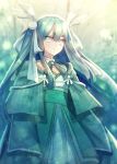  blue_eyes blurry blurry_background celesteela day green_kimono hair_between_eyes hair_ribbon highres japanese_clothes kimono long_hair looking_at_viewer moe_(hamhamham) outdoors personification pokemon ribbon smile standing thick_eyebrows very_long_hair white_ribbon 