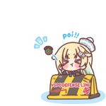  >_< 1girl :t aizawa_ema blonde_hair blue_hat blue_shirt blush_stickers chibi closed_eyes closed_mouth colored_shadow commentary_request explosive flower gradient_hair green_hair grenade hair_flower hair_ornament hat highres long_sleeves mini_hat mitarashi_neko multicolored_hair poi_(phrase) pout puffy_long_sleeves puffy_sleeves shadow shirt simple_background solo throwing tilted_headwear virtual_youtuber vspo! white_background white_flower 