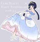  1girl :d aoki_reika bare_shoulders bibimaru_1101 blue_bow blue_dress blue_eyes blue_hair blunt_bangs blunt_ends bow braid collarbone commentary crown_braid dated dress dress_bow elbow_gloves four-pointed_star frilled_dress frills fur_trim glass_slipper gloves gold_tiara gown grey_background hair_up happy happy_anniversary highres looking_at_viewer off-shoulder_dress off_shoulder official_alternate_costume open_mouth pink_frills precure skirt_hold smile smile_precure! solo sparkle star_(symbol) tiara two-sided_dress two-sided_fabric white_gloves 