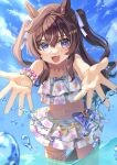  1girl :3 absurdres animal_ears bikini bikini_skirt blue_eyes blue_sky blush breasts brown_hair cloud commentary_request floral_print floral_print_bikini frilled_bikini frills hair_between_eyes highres horse_ears horse_girl horse_tail jewelry long_hair looking_at_viewer midriff mole mole_under_eye multicolored_hair navel necklace official_alternate_costume official_alternate_hairstyle open_mouth outstretched_arms pink_bikini pink_swim_trunks print_bikini purple_bikini sky smile solo star_(symbol) star_necklace stomach streaked_hair swimsuit tail umamusume vivlos_(eclat_d'ete)_(umamusume) vivlos_(umamusume) water white_streaks yoru_usagi 