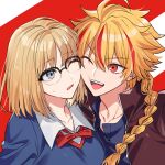  1boy 1girl ahoge blonde_hair blue_eyes blue_sweater braid braided_ponytail brown_jacket cheek-to-cheek collared_shirt commentary cow_(shadow) fate/strange_fake fate_(series) glasses heads_together highres jacket multicolored_hair neck_ribbon one_eye_closed open_mouth rattail red_eyes red_hair red_streaks ribbon richard_i_(fate) richard_i_(second_ascension)_(fate) sajou_ayaka_(fate/strange_fake) shirt single_braid streaked_hair sweater white_shirt 