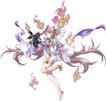  1girl :t animal ankle_bell anklet annoyed bare_legs barefoot bat_wings bell bell_sleeves black_cat blue_ribbon breasts cat cleavage cleavage_cutout closed_mouth clothing_cutout earrings eshean_(langrisser) familiar feet fire floating_clothes floating_hair full_body fundoshi game_cg green_eyes hair_bell hair_bun hair_ornament highres holding holding_animal holding_cat holding_shirt holding_unworn_clothes japanese_clothes jewelry jingle_bell langrisser langrisser_mobile leg_up legs loincloth long_hair long_sleeves looking_at_viewer medium_breasts navel official_alternate_costume official_art ofuda ofuda_on_clothes ofuda_on_leg pink_hair pout purple_sleeves revealing_clothes ribbon rokushaku_fundoshi rope rope_anklet see-through_clothes see-through_shirt shirt sideboob sidelocks simple_background solo standing stomach tachi-e tail tail_ornament tail_ribbon talisman tassel tassel_earrings thighs third-party_source tiptoes toes transparent_background two-sided_sleeves unworn_shirt v-shaped_eyebrows very_long_hair whiskers white_fundoshi white_loincloth white_sleeves winged_animal winged_cat wings 