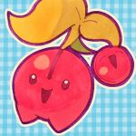  alternate_color blue_background cherubi commentary english_commentary highres looking_at_viewer no_humans open_mouth outline plaid_background pokemon pokemon_(creature) sheepcounts shiny_pokemon solo white_outline 