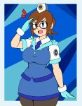  1girl aqua_gloves blue_background blue_eyes blue_necktie blue_skirt blue_vest blush breasts brown_hair commentary david_art denise_marmalade_(mega_man) english_commentary gloves grey_thighhighs hat highres large_breasts mega_man_(series) mega_man_legends_(series) necktie outside_border police police_hat police_uniform policewoman salute shout_lines skirt the_misadventures_of_tron_bonne thick_thighs thighhighs thighs two-tone_background vest white_background 