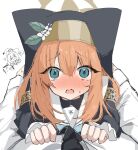  1boy 1girl animal_ear_headwear animal_ears black_veil blue_archive blue_eyes blush cat_ears cat_girl coif commentary_request doodle_sensei_(blue_archive) flower hair_between_eyes hair_flower hair_ornament halo hat hat_flower highres long_hair long_sleeves looking_at_viewer mamiya076 mari_(blue_archive) neckerchief necktie nun open_mouth orange_hair pov pushing_down sailor_collar sensei_(blue_archive) simple_background solo_focus veil white_background white_flower yellow_halo 