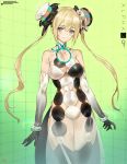  alphago black_gloves blonde_hair breasts character_name closed_mouth commentary_request cowboy_shot dress elbow_gloves gloves google green_background green_eyes headgear iridescent korean_commentary large_breasts long_hair looking_at_viewer neon_trim signature smile solo standing thighhighs twintails waist_cape wristband yang-do 