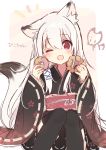  ;d animal_ears bad_id bad_pixiv_id bangs black_kimono black_legwear black_skirt blue_ribbon blush doughnut eyebrows_visible_through_hair floral_print food fox_ears fox_girl fox_tail french_cruller hair_between_eyes hair_ribbon highres holding holding_food japanese_clothes kimono long_sleeves mafuyu_(chibi21) obi one_eye_closed open_mouth original pleated_skirt print_kimono red_eyes ribbon ribbon-trimmed_skirt ribbon-trimmed_sleeves ribbon_trim sash short_kimono sidelocks silver_hair sitting sketch skirt smile solo tail thighhighs translated wide_sleeves 