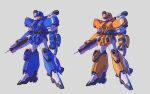  absurdres color_variation commentary comparison dual_persona earth_federation green_visor gundam highres javelin_(gundam) kawatanikisaku mecha mecha_focus mobile_suit no_humans orange_visor robot science_fiction shot_lancer thrusters victory_gundam weapon 