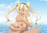  1girl areolae bandage bandaged_arm bangs blonde_hair breast_poke breasts brown_eyes censored clouds cloudy_sky cum cum_on_breasts cum_on_upper_body facial floating_hair glasses hair_between_eyes handjob headgear highres kantai_collection kyabakurabakufu large_breasts legs long_hair looking_at_another lying mosaic_censoring musashi_(kantai_collection) naughty_face nipples nude ocean outdoors parted_lips penis semi-rimless_eyewear shiny shiny_skin short_hair_with_long_locks sky smile solo_focus thighs tongue twintails under-rim_eyewear water 