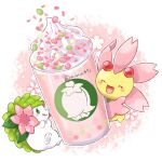  aimi_(aimia492) artist_name blush cherrim cherrim_(overcast) cherrim_(sunshine) closed_eyes commentary_request flower food_request glass green_eyes hair_flower hair_ornament no_humans open_mouth pink_flower pokemon pokemon_(creature) shaymin shaymin_(land) 