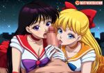  1boy 2girls aino_minako bishoujo_senshi_sailor_moon black_hair blonde_hair blue_eyes bow bowtie censored choker circlet collarbone commentary cooperative_fellatio earrings english_commentary fellatio gloves hair_bow hino_rei jewelry licking licking_penis long_hair magical_girl mosaic_censoring multiple_girls night oral orange_choker orange_sailor_collar orange_skirt penis purple_bow purple_bowtie purple_eyes red_bow red_choker red_sailor_collar red_skirt reit sailor_collar sailor_mars sailor_senshi sailor_senshi_uniform sailor_venus saliva skirt star_(symbol) star_earrings teamwork_(sexual) web_address white_gloves 