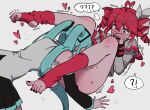  !? 2girls ? ?? ahoge aqua_hair black_nails black_skirt bottomless bow commentary cunnilingus detached_sleeves drill_hair feet grey_background grey_jacket grey_vest hair_bow hatsune_miku heart highres jacket kasane_teto kasane_teto_(sv) long_hair lying miniskirt multiple_girls nail_polish on_back oral pleated_skirt red_eyes red_hair red_socks simple_background skirt socks speech_bubble stirrup_legwear synthesizer_v toe_scrunch toeless_legwear toeless_socks toenail_polish toenails twin_drills twintails user_ypdm2452 utau very_long_hair vest vocaloid white_bow yuri 