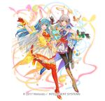  2girls animal_ear_hairband animal_ears aqua_eyes aqua_hair bare_shoulders bird black_pantyhose blue_eyes blue_hair blue_shirt blush boots breasts brown_boots brown_gloves commentary_request dress easter_egg egg eirika_(fire_emblem) eirika_(spring_company)_(fire_emblem) english_commentary fake_animal_ears fake_tail fighting_stance fingerless_gloves fire_emblem fire_emblem:_radiant_dawn fire_emblem:_the_sacred_stones fire_emblem_heroes flower gloves grey_hair hair_ribbon hairband holding kippu long_hair micaiah_(fire_emblem) micaiah_(spring_company)_(fire_emblem) mixed-language_commentary multiple_girls neckerchief official_alternate_costume official_art one_eye_closed open_mouth pantyhose purple_neckerchief purple_vest rabbit_ears rabbit_tail red_boots red_gloves red_neckerchief red_shirt ribbon shirt simple_background skirt sleeveless smile stuffed_animal stuffed_rabbit stuffed_toy tail thigh_boots vest white_hairband white_skirt yellow_eyes yellow_vest yune_(fire_emblem) 