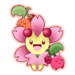  absurdres alternate_color artbylittlemissluna brown_outline cherrim cherrim_(sunshine) cherubi commentary english_commentary evolutionary_line highres looking_at_viewer no_humans open_mouth outline pokemon pokemon_(creature) shiny_and_normal shiny_pokemon simple_background white_background 