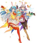  2girls animal_ear_hairband animal_ears aqua_eyes aqua_hair attack bare_shoulders bird black_pantyhose blue_eyes blue_hair blue_shirt blush boots breasts brown_boots brown_gloves dress eirika_(fire_emblem) eirika_(spring_company)_(fire_emblem) fake_animal_ears fake_tail fingerless_gloves fire_emblem fire_emblem:_radiant_dawn fire_emblem:_the_sacred_stones fire_emblem_heroes flower gloves grey_hair hair_ribbon hairband high_heels highres holding kippu long_hair looking_at_viewer micaiah_(fire_emblem) micaiah_(spring_company)_(fire_emblem) multiple_girls neckerchief non-web_source official_alternate_costume official_art open_mouth pantyhose purple_neckerchief purple_vest rabbit_ears rabbit_tail red_boots red_gloves red_neckerchief red_shirt ribbon shirt skirt sleeveless smile stuffed_animal stuffed_rabbit stuffed_toy tail thigh_boots vest white_hairband white_skirt yellow_eyes yellow_vest 