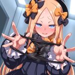  1girl abigail_williams_(fate) abigail_williams_(first_ascension)_(fate) absurdres azatychan black_bow black_dress black_hat black_panties blonde_hair blue_eyes blush bow breasts commentary_request dress fate/grand_order fate_(series) forehead hair_bow hat highres holding holding_panties holding_underwear holding_unworn_clothes long_hair long_sleeves looking_at_viewer open_mouth orange_bow panties parted_bangs presenting_removed_panties ribbed_dress small_breasts smile solo textless_version underwear 