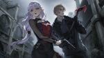  1boy 1girl alchevic_(vtuber) axe black_gloves black_jacket black_pants black_skirt brown_hair cloud cloudy_sky collared_shirt commission crossover earrings fire_axe flower gloves grey_hair grey_shirt gun hair_flower hair_ornament handgun highres holding holding_axe holding_gun holding_weapon indie_virtual_youtuber jacket jewelry leon_s._kennedy lips long_hair pants pointy_ears red_eyes resident_evil resident_evil_requiem sakichka shirt skirt sky weapon 