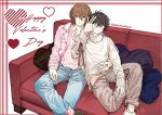  2boys akechi_gorou amamiya_ren black_hair brown_hair brown_pants closed_mouth commentary couch denim english_commentary figure_four_sitting glasses grey_sweater hair_between_eyes happy_valentine heart heart-shaped_pillow highres jacket jeans looking_at_viewer male_focus multiple_boys ok_sign on_couch open_clothes open_jacket palmtreehero pants persona persona_5 pillow pink_jacket pink_shoes pink_sweater red_eyes shoes short_hair simple_background sitting smile sweater twitter_username unbuttoned white_background yaoi 