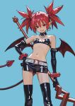  1girl bare_shoulders bat_wings belt bikini bikini_top_only black_bikini black_boots black_choker black_skirt blue_background boots choker commentary_request demon_girl demon_tail demon_wings disgaea earrings elbow_gloves elder_spear etna_(disgaea) feet_out_of_frame flat_chest full_body gloves grin h4sh1rnoto hand_on_own_hip highres holding holding_polearm holding_weapon jewelry leather leather_boots leather_gloves leather_skirt looking_at_viewer makai_senki_disgaea_2 miniskirt navel o-ring o-ring_choker pointy_ears polearm red_eyes red_hair red_tail skirt skull_earrings smile solo spear standing swimsuit tail thigh_boots twintails v-shaped_eyebrows weapon white_belt wings 