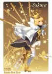  2015 alternate_hair_color ankle_boots baiguiyu blonde_hair boots cape cardcaptor_sakura character_name closed_mouth english from_side full_body fur_trim gloves happy_new_year high_heel_boots high_heels kero kinomoto_sakura looking_at_viewer new_year short_hair skirt smile standing standing_on_one_leg sword weapon white_cape white_skirt yellow_eyes yellow_footwear yellow_gloves 