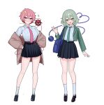  2girls absurdres alternate_costume bag black_shoes black_skirt blue_bag blush breasts brown_coat canonball_(dungigi12) closed_mouth coat commentary_request cropped_jacket flat_chest full_body green_coat green_eyes green_hair hair_ornament half-closed_eyes hand_up hands_on_own_hips heart heart_hair_ornament highres komeiji_koishi komeiji_satori korean_commentary large_breasts legs_apart long_sleeves looking_at_viewer medium_hair miniskirt missing_headwear multiple_girls necktie off_shoulder open_mouth pink_eyes pink_hair pink_necktie pleated_skirt school_uniform shirt shoes short_hair shoulder_bag siblings simple_background sisters skirt smile socks sparkle standing third_eye touhou waving white_background white_shirt white_socks 