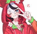  1girl aqua_eyes black_hair blush braid collarbone commentary eyelashes hakos_baelz hakos_baelz_(strawberry_onesie) heart highres hololive hololive_english hood hood_up jewelry long_sleeves multicolored_hair necklace one_eye_closed onesie red_hair sharp_teeth simple_background smile solo teeth v virtual_youtuber white_background white_hair xs_6 