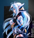 1girl absurdres android artist_name blue_hair breasts closed_mouth commentary floating_hair forehead_protector from_side highres kos-mos kos-mos_re: large_breasts long_hair looking_ahead rae_ariadne red_eyes signature solo space standing very_long_hair watermark xenoblade_chronicles_(series) xenoblade_chronicles_2 