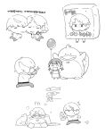  1girl 2boys animal_costume balloon bottle camera cheek-to-cheek chibi child closed_eyes closed_mouth collared_shirt cousins doujima_nanako greyscale hanamura_yousuke headphones headphones_around_neck heads_together highres holding holding_balloon holding_bottle kkyagdoyo164972 korean_text looking_at_another monochrome multiple_boys narukami_yu open_mouth pants persona persona_4 platypus_costume running shirt short_hair short_sleeves simple_background smile standing sweat taking_picture translation_request twintails white_background 
