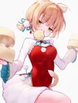  1girl ahoge alternate_costume animal_ears bamboo_steamer blonde_hair blush breasts cat_ears cat_girl cat_tail china_dress chinese_clothes commentary_request dress earrings extra_ears food frilled_skirt frills hair_ornament highres holding holding_bamboo_steamer indie_virtual_youtuber jewelry jitome leg_up long_sleeves medium_breasts mouth_hold nekoponchiar pom_pom_(clothes) pom_pom_hair_ornament red_dress shigure_ui_(vtuber) short_hair shrug_(clothing) simple_background skirt solo steamed_bun tail upper_body virtual_youtuber white_background white_shrug white_skirt 