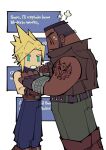  2boys aqua_eyes armor barret_wallace beard belt black_gloves black_hair blonde_hair blue_pants blue_shirt boots brown_belt brown_boots brown_gloves brown_vest chomchomchomp cloud_strife dark-skinned_male dark_skin dialogue_box earrings english_text facial_hair feet_out_of_frame final_fantasy final_fantasy_vii fingerless_gloves gloves green_pants highres jewelry male_focus materia multiple_boys open_mouth pants pauldrons ribbed_shirt shirt short_hair shoulder_armor shoulder_tattoo single_bare_shoulder single_earring single_pauldron skull_tattoo sleeveless sleeveless_turtleneck spiked_hair suspenders sweatdrop talking tattoo turtleneck very_short_hair vest white_background 