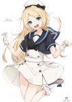  :d artist_name blonde_hair blue_eyes character_name commentary dress gloves hat highres hoshimiya_mashiro jervis_(kantai_collection) kantai_collection long_hair looking_at_viewer open_mouth sailor_dress simple_background smile solo star white_background white_gloves 