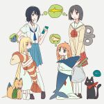  4girls :3 =_= absurdly_long_hair absurdres ahoge antenna_hair bag black_cat black_hair black_shoes blonde_hair blue_eyes blue_neckerchief blue_skirt bob_cut bow bowtie brown_eyes cat cellphone cho_kaguya-hime! closed_eyes crossover detached_ahoge frown full_body green_eyes grey_background grey_eyes grey_hair hair_bun highres holding holding_bag holding_phone inudoge kaguya_(cho_kaguya-hime!) kneehighs loafers long_hair long_sidelocks looking_at_another medium_skirt mole mole_under_eye mouth_hold multiple_girls neckerchief nichijou no_shoes open_mouth orange_hair parted_lips phone pleated_skirt professor_shinonome red_bow red_bowtie red_skirt reiboubyou sakamoto_(nichijou) sakayori_iroha school_uniform serafuku shared_thought_bubble shinonome_nano shirt shoes short_hair sidelocks simple_background single_hair_bun skirt smartphone socks speech_bubble spring_onion stuffed_animal stuffed_fish stuffed_shark stuffed_toy thought_bubble very_long_hair white_background white_shirt white_socks winding_key yellow_shirt 
